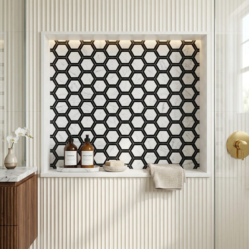 Carrara White (Italian) Marble 2x2 Honed Hexagon Mosaic Vortex Hexagon (w/ Black) — Bathroom niche