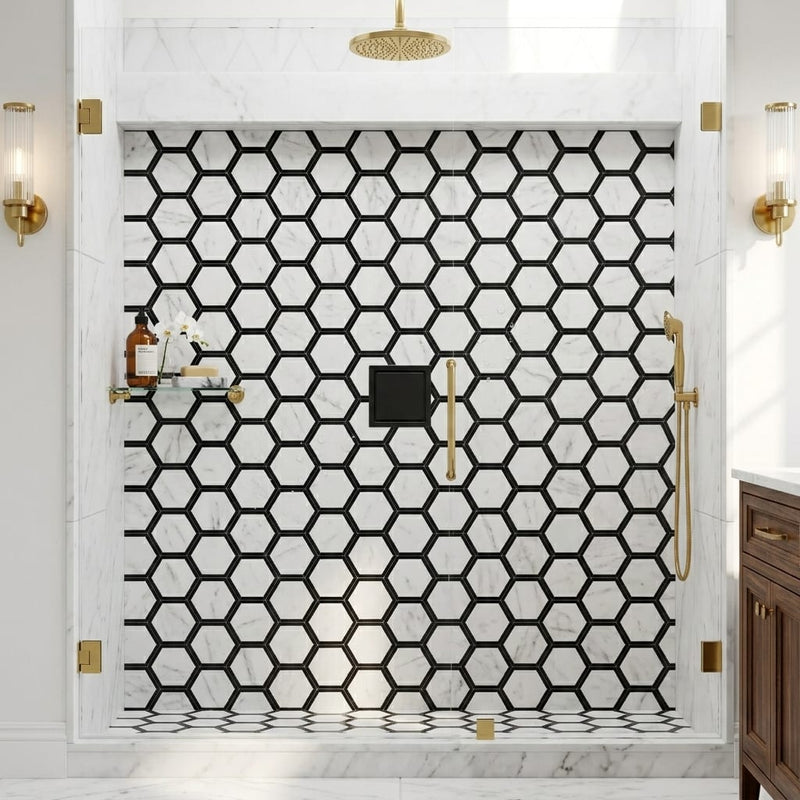 Carrara White (Italian) Marble 2x2 Honed Hexagon Mosaic Vortex Hexagon (w/ Black) — Bathroom shower floor
