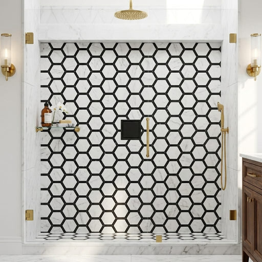 Carrara White (Italian) Marble 2x2 Honed Hexagon Mosaic Vortex Hexagon (w/ Black) — Bathroom shower floor