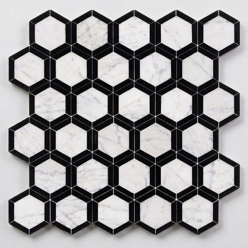 Carrara White (Italian) Marble 2x2 Honed Hexagon Mosaic Vortex Hexagon (w/ Black) close-up