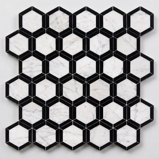 Carrara White (Italian) Marble 2x2 Honed Hexagon Mosaic Vortex Hexagon (w/ Black) close-up