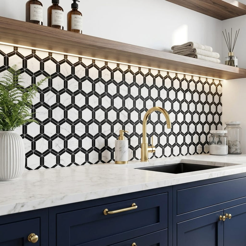 Carrara White (Italian) Marble 2x2 Honed Hexagon Mosaic Vortex Hexagon (w/ Black) — Kitchen backsplash