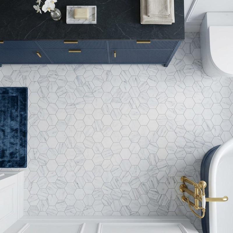 Carrara White (Italian) Marble 2x2 Honed Hexagon Mosaic Vortex Hexagon (w/ Blue-Gray) — Bathroom floor