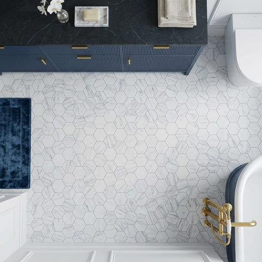 Carrara White (Italian) Marble 2x2 Honed Hexagon Mosaic Vortex Hexagon (w/ Blue-Gray) — Bathroom floor