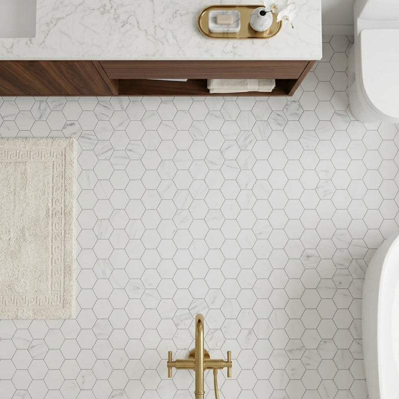 Carrara White (Italian) Marble 2x2 Honed Hexagon Mosaic — Bathroom floor