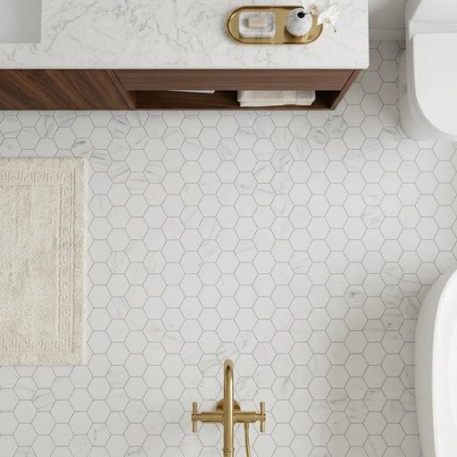 Carrara White (Italian) Marble 2x2 Honed Hexagon Mosaic — Bathroom floor
