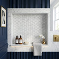 Carrara White (Italian) Marble 2x2 Honed Hexagon Mosaic — Bathroom niche