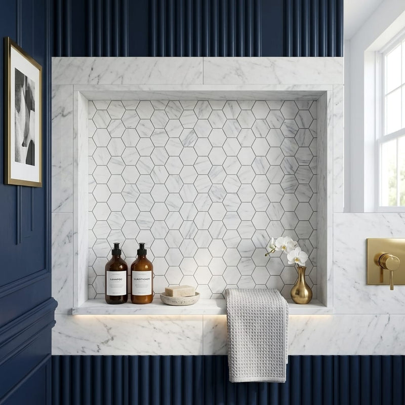 Carrara White (Italian) Marble 2x2 Honed Hexagon Mosaic — Bathroom niche