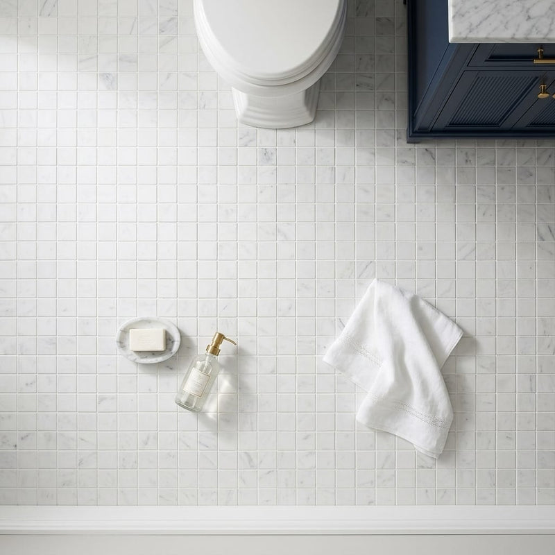 Carrara White (Italian) Marble 2x2 Honed Mosaic — Bathroom floor