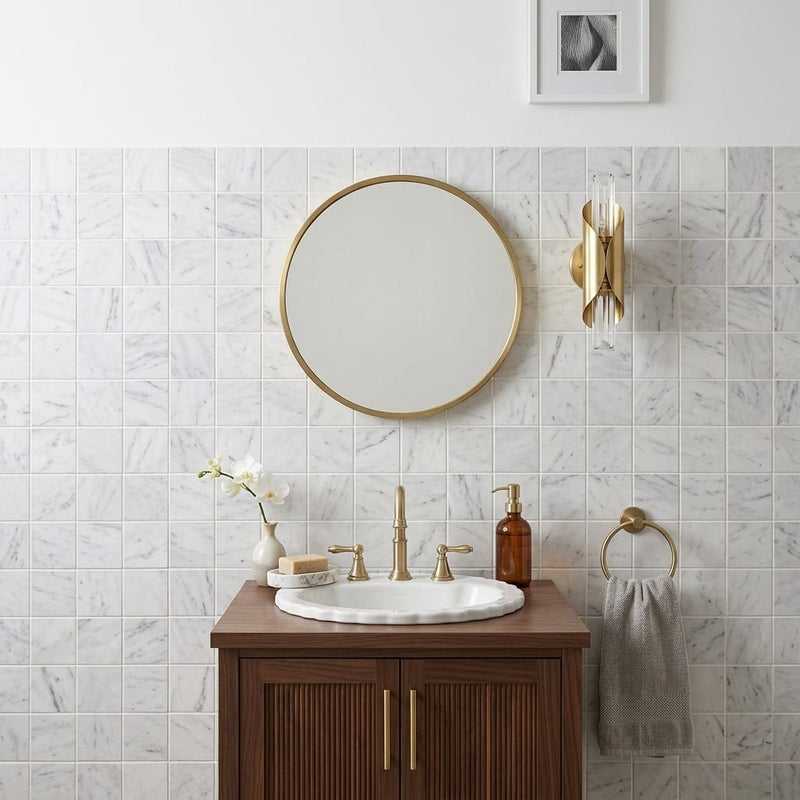 Carrara White (Italian) Marble 2x2 Honed Mosaic — Powder Room wall