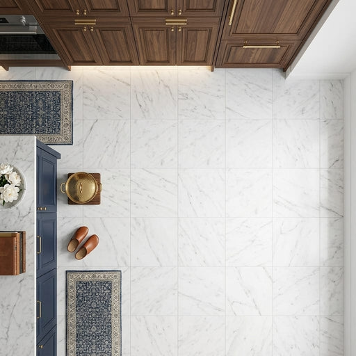 Carrara White (Italian) Marble 24x24 Honed Tile — Kitchen floor