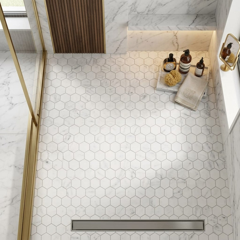 Carrara White (Italian) Marble 3x3 Honed Hexagon Mosaic — Bathroom shower floor