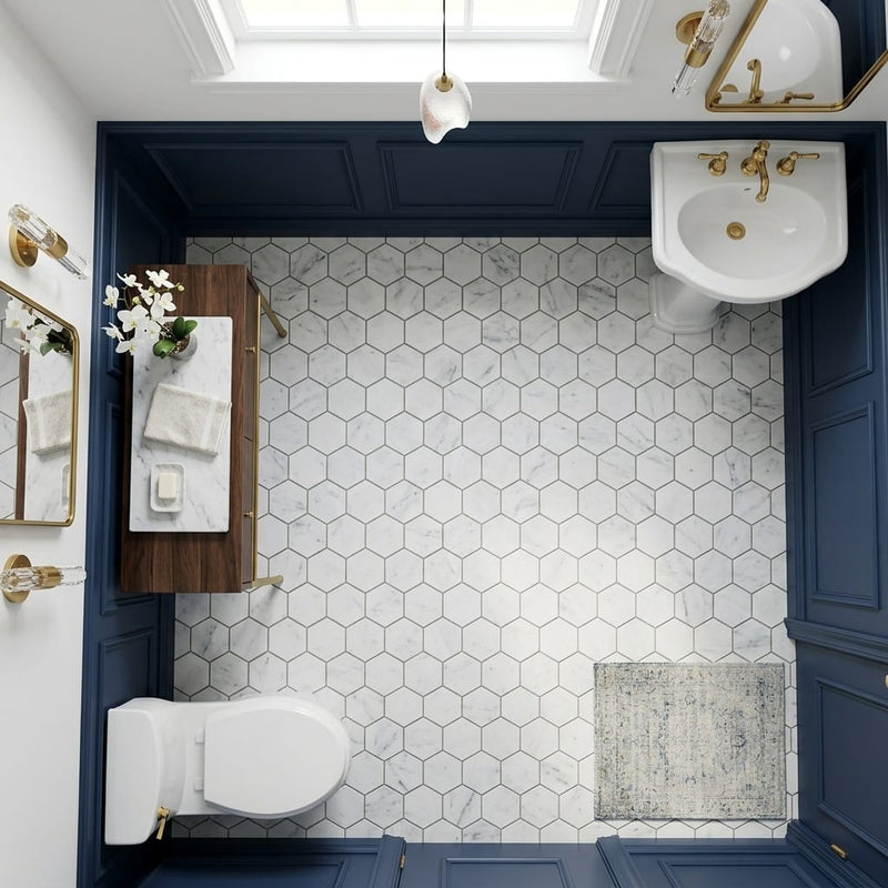 Carrara White (Italian) Marble 3x3 Honed Hexagon Mosaic — Powder Room floor