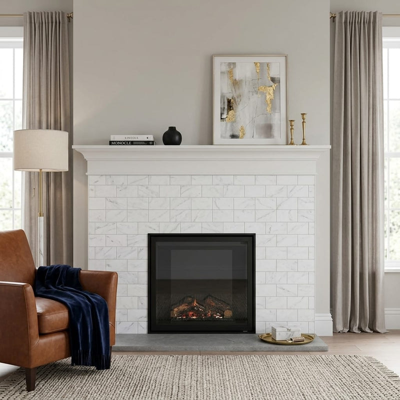 Carrara White (Italian) Marble 3x6 Honed Tile — Living Room fireplace surround