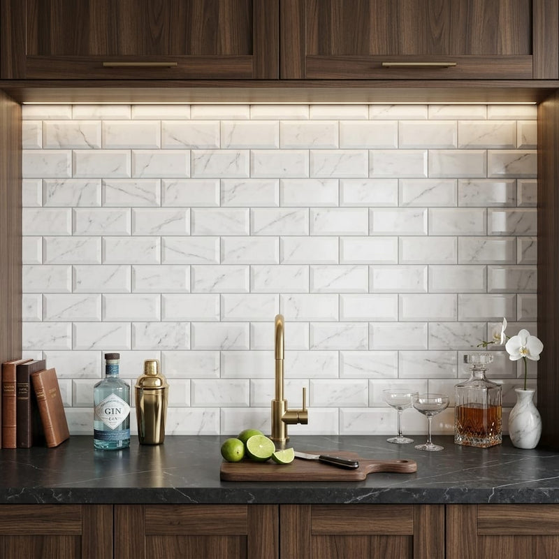 Carrara White (Italian) Marble 3x6 Honed Tile — Wet Bar backsplash