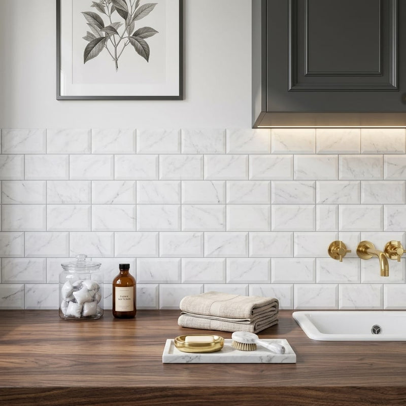 Carrara White (Italian) Marble 3x6 Honed Tile — Laundry Room backsplash