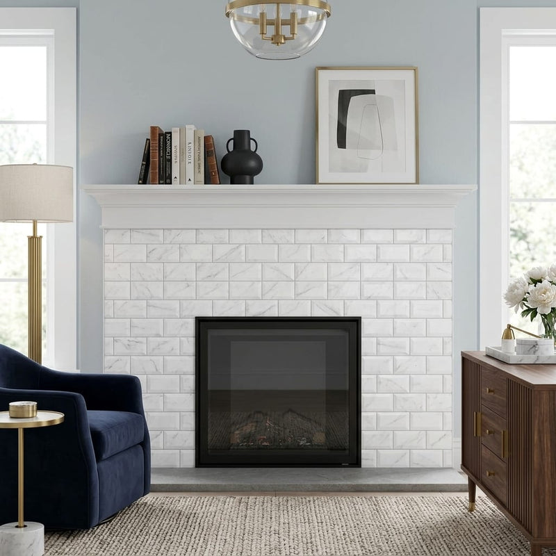Carrara White (Italian) Marble 3x6 Honed Tile — Living Room fireplace surround