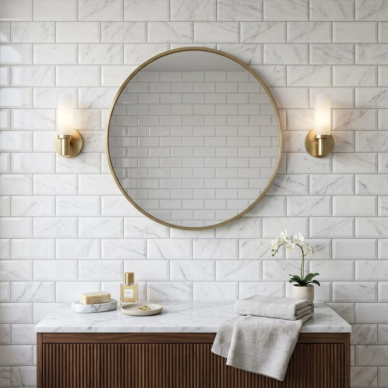 Carrara White (Italian) Marble 3x6 Tumbled Tile — Bathroom wall