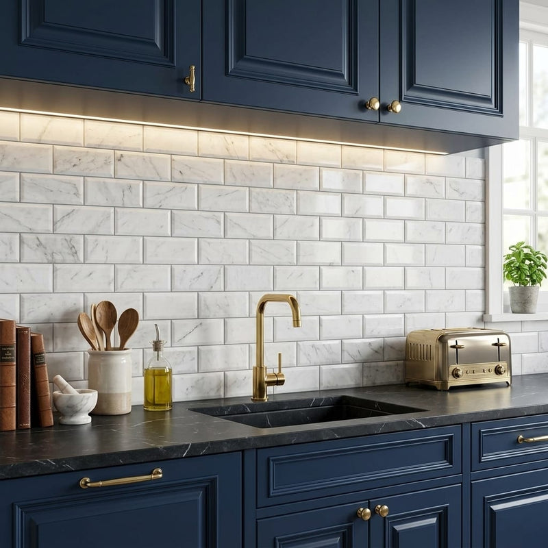 Carrara White (Italian) Marble 3x6 Tumbled Tile — Kitchen backsplash