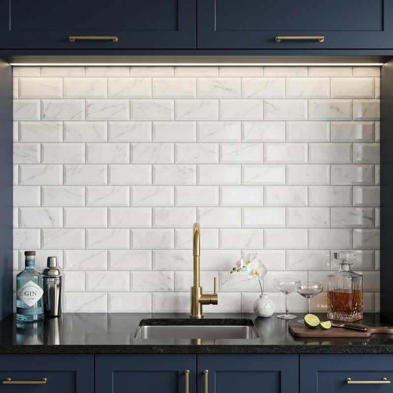 Carrara White (Italian) Marble 3x6 Tumbled Tile — Wet Bar backsplash