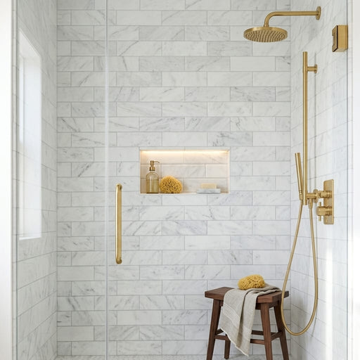 Carrara White (Italian) Marble 4x12 Honed Tile — Bathroom shower wall