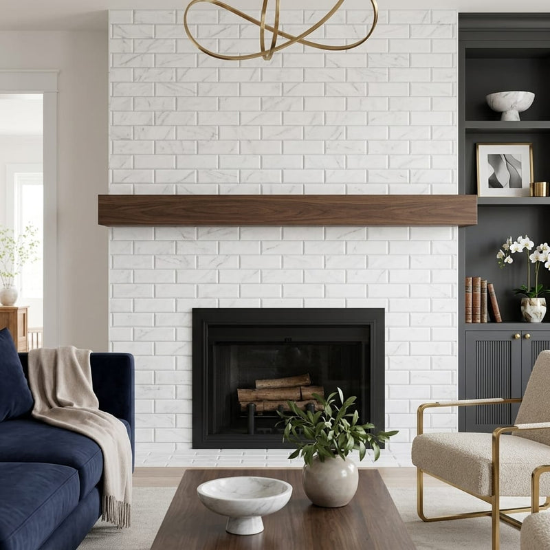 Carrara White (Italian) Marble 4x12 Honed Tile — Living Room fireplace surround