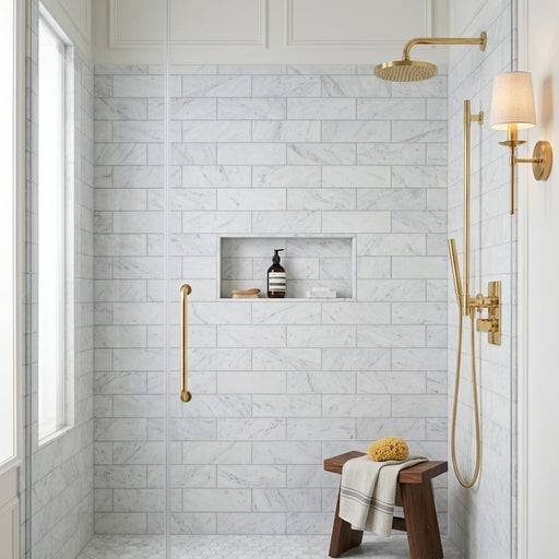 Carrara White (Italian) Marble 4x12 Honed Tile — Bathroom shower wall