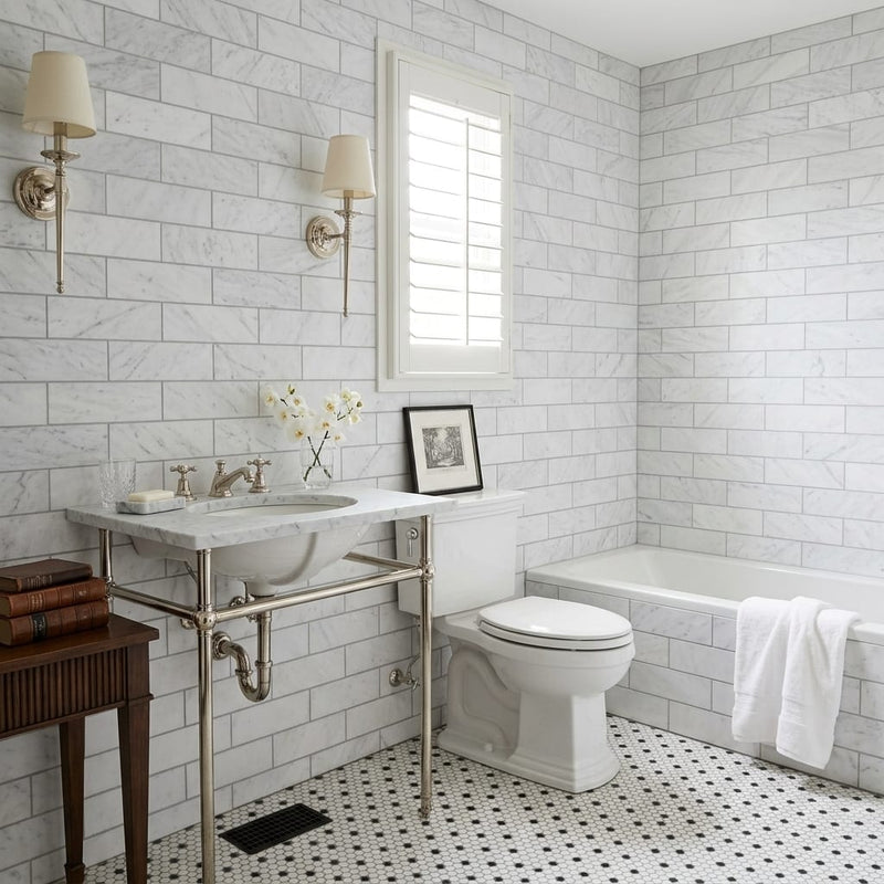 Carrara White (Italian) Marble 4x12 Honed Tile — Bathroom wall