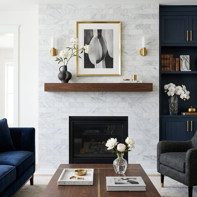 Carrara White (Italian) Marble 4x12 Honed Tile — Living Room fireplace surround