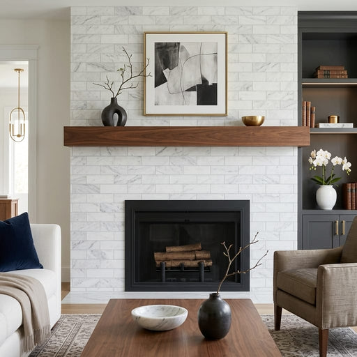 Carrara White (Italian) Marble 4x12 Honed Tile — Living Room fireplace surround