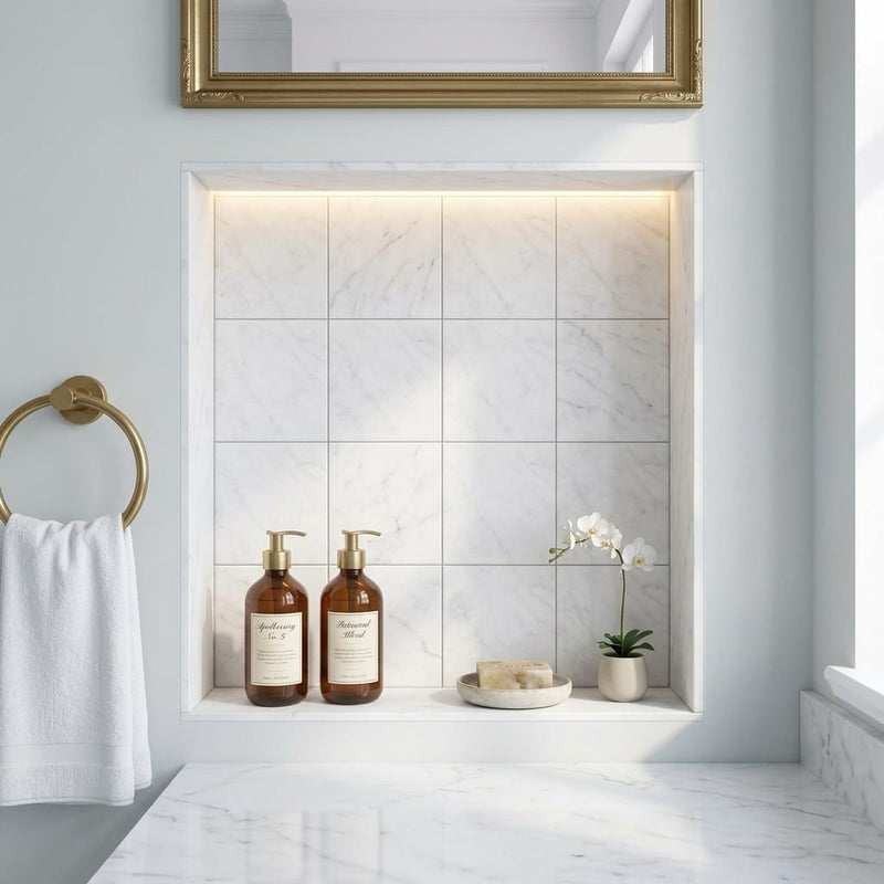 Carrara White (Italian) Marble 4x4 Honed Tile — Bathroom niche
