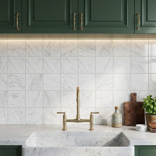 Carrara White (Italian) Marble 4x4 Honed Tile — Kitchen backsplash