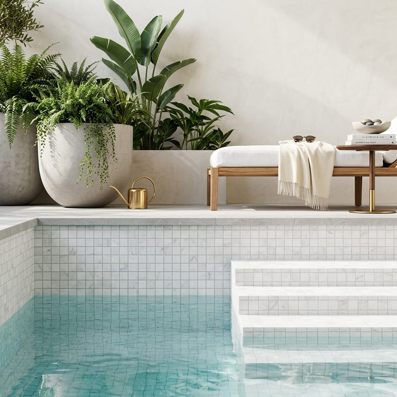 Carrara White (Italian) Marble 5/8x5/8 Honed Mosaic — Swimming Pool pool interior tiling