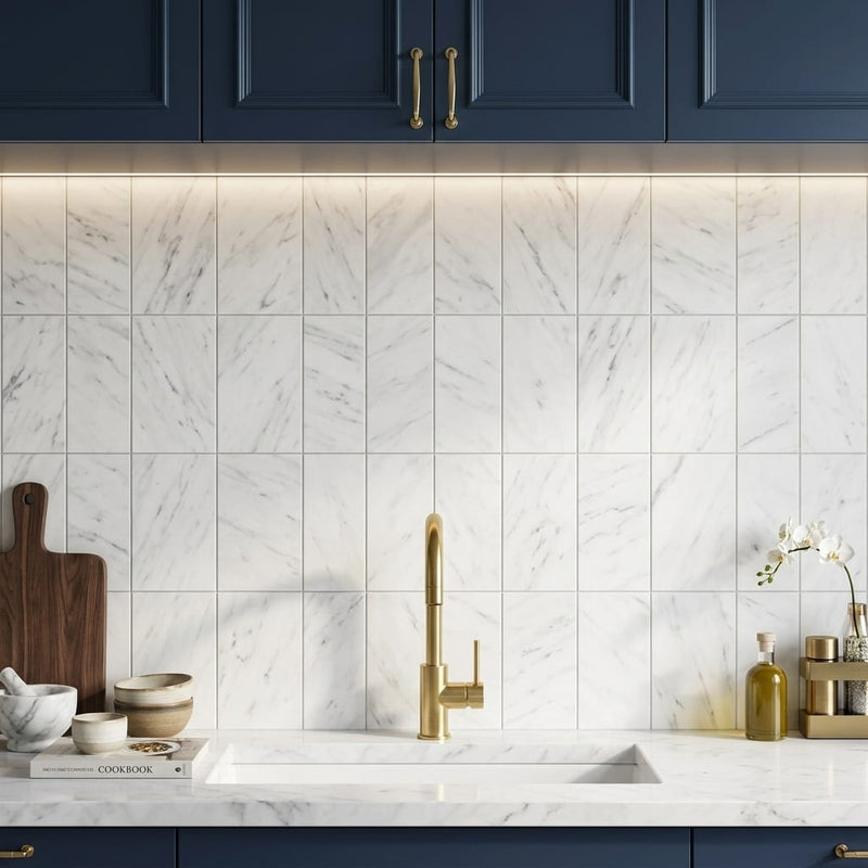 Carrara White (Italian) Marble 6x12 Honed Tile — Kitchen backsplash