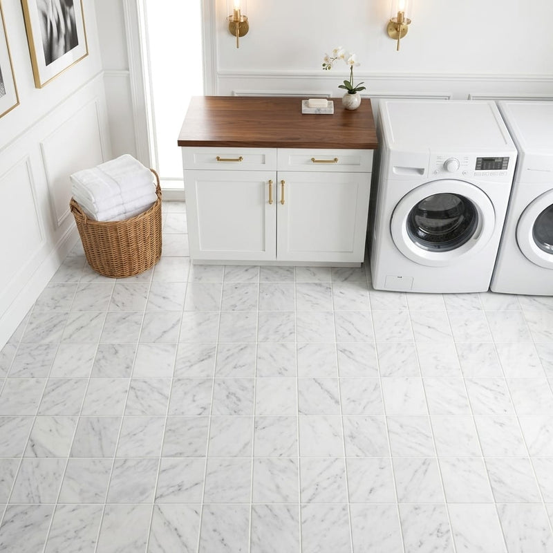 Carrara White (Italian) Marble 6x6 Honed Tile — Laundry Room floor