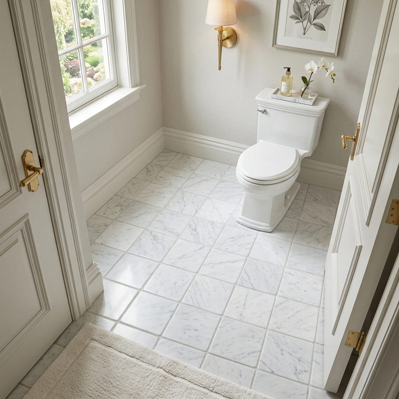 Carrara White (Italian) Marble 6x6 Tumbled Tile — Bathroom floor