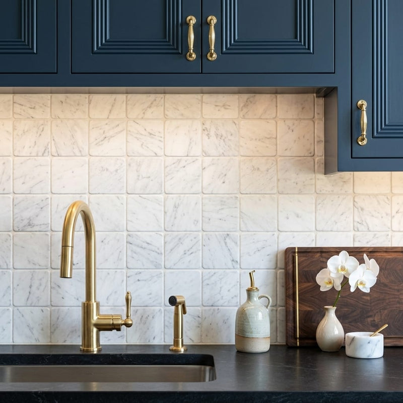 Carrara White (Italian) Marble 6x6 Tumbled Tile — Kitchen backsplash