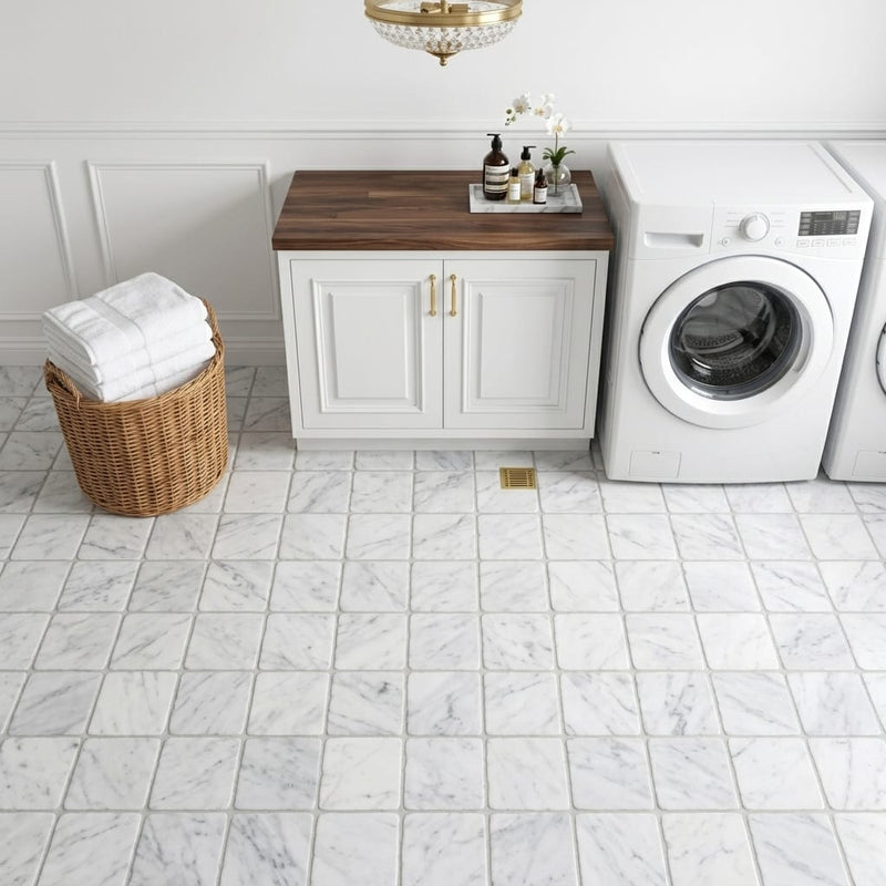 Carrara White (Italian) Marble 6x6 Tumbled Tile — Laundry Room floor