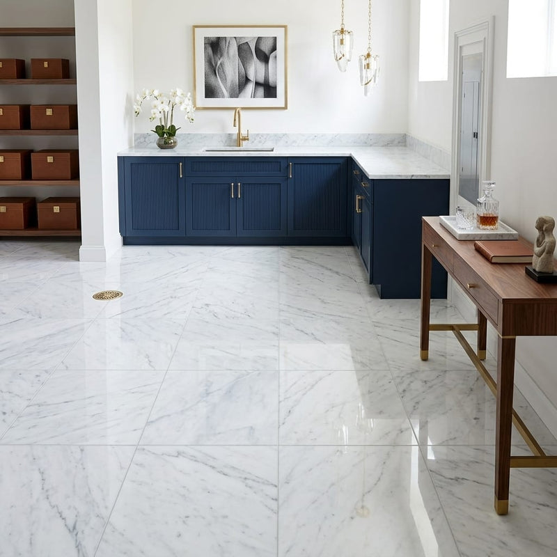 Carrara White Marble Tile 12x12 Polished — Basement floor