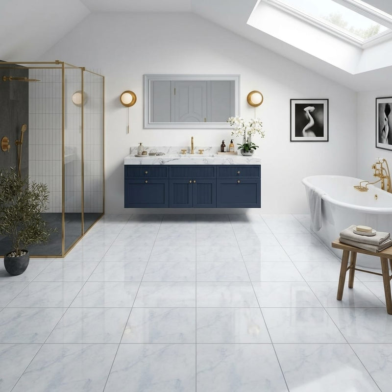 Carrara White Marble Tile 12x12 Polished — Bathroom floor