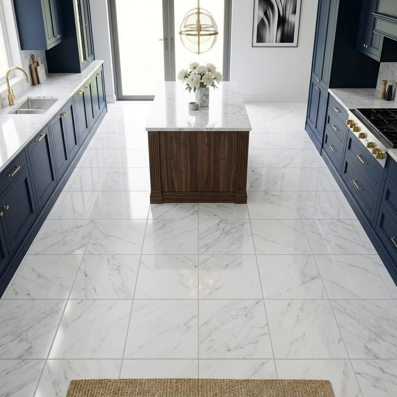 Carrara White Marble Tile 12x12 Polished — Kitchen floor