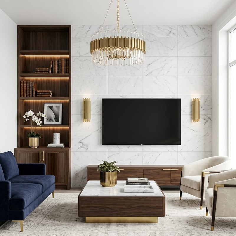 Carrara White Marble Tile 12x24 Honed — Living Room feature wall