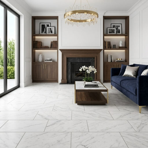 Carrara White Marble Tile 12x24 Honed — Living Room floor