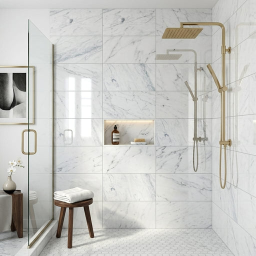 Carrara White Marble Tile 12x24 Polished — Bathroom shower wall