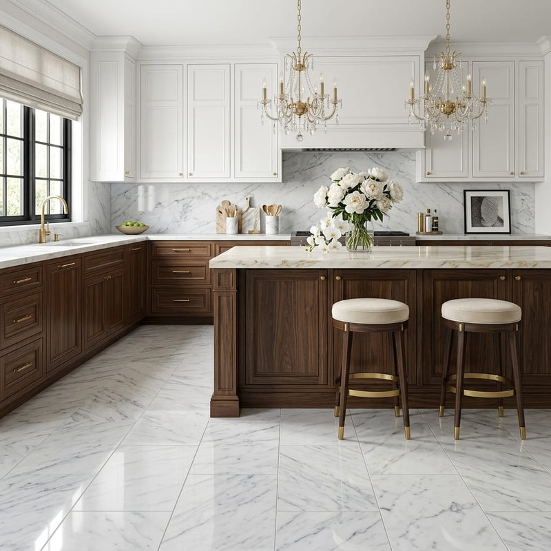 Carrara White Marble Tile 12x24 Polished — Kitchen floor