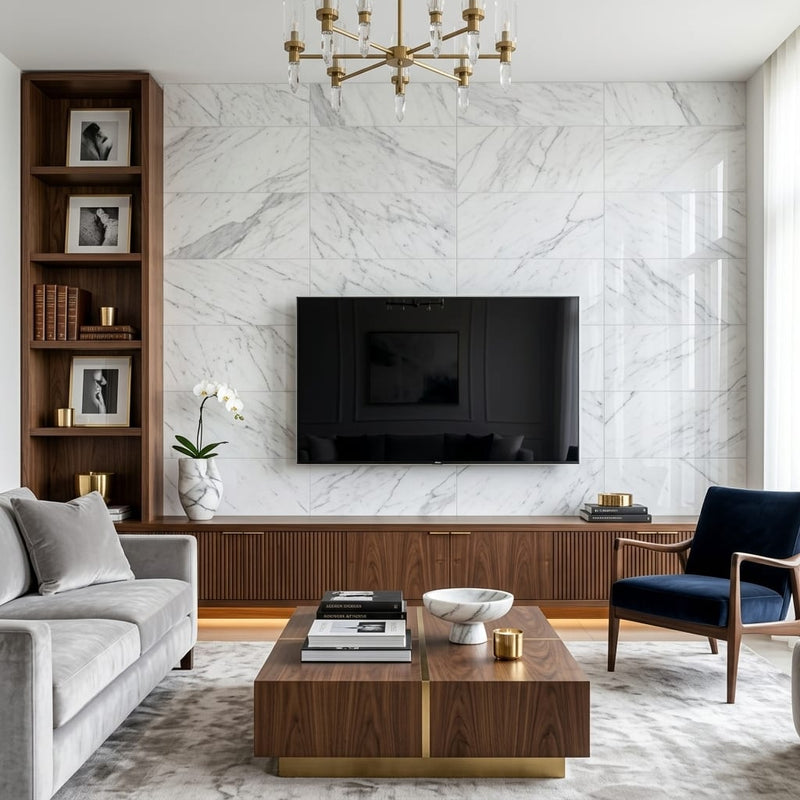 Carrara White Marble Tile 12x24 Polished — Living Room feature wall