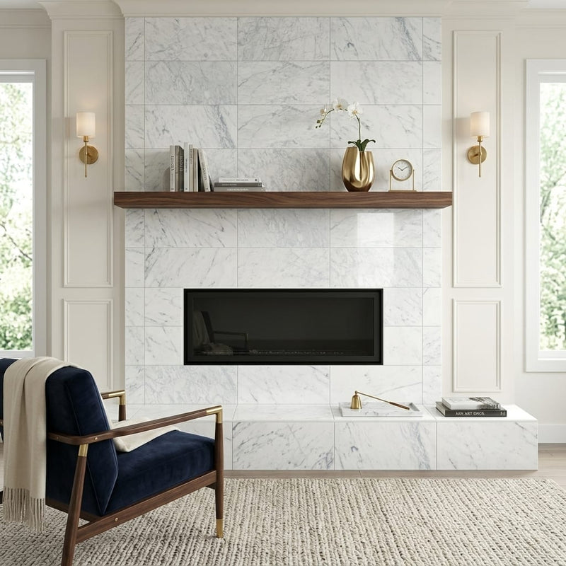 Carrara White Marble Tile 12x24 Polished — Living Room fireplace surround