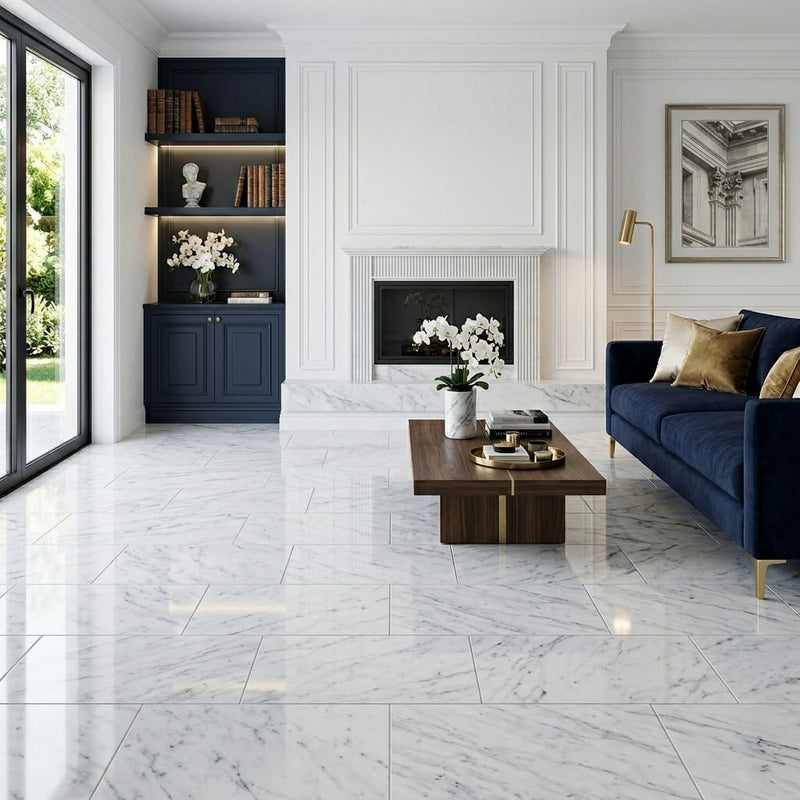 Carrara White Marble Tile 12x24 Polished — Living Room floor