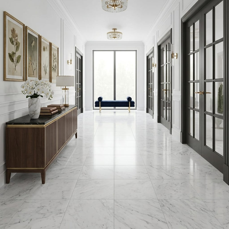 Carrara White Marble Tile 18x18 Honed — Hallway floor