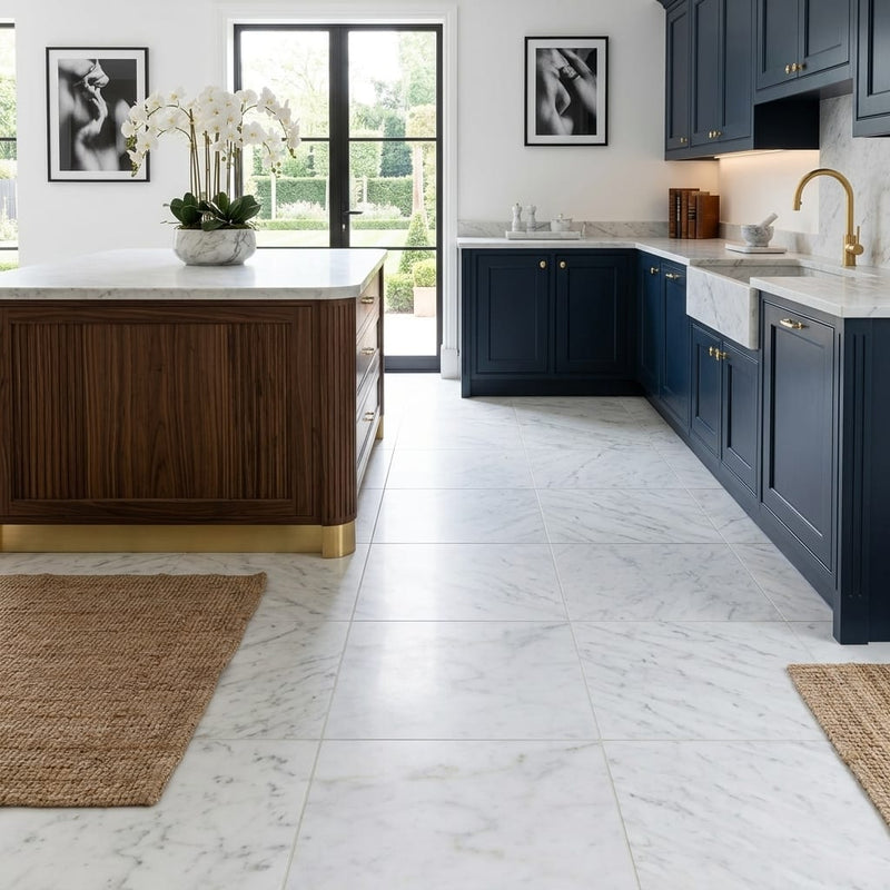 Carrara White Marble Tile 18x18 Honed — Kitchen floor